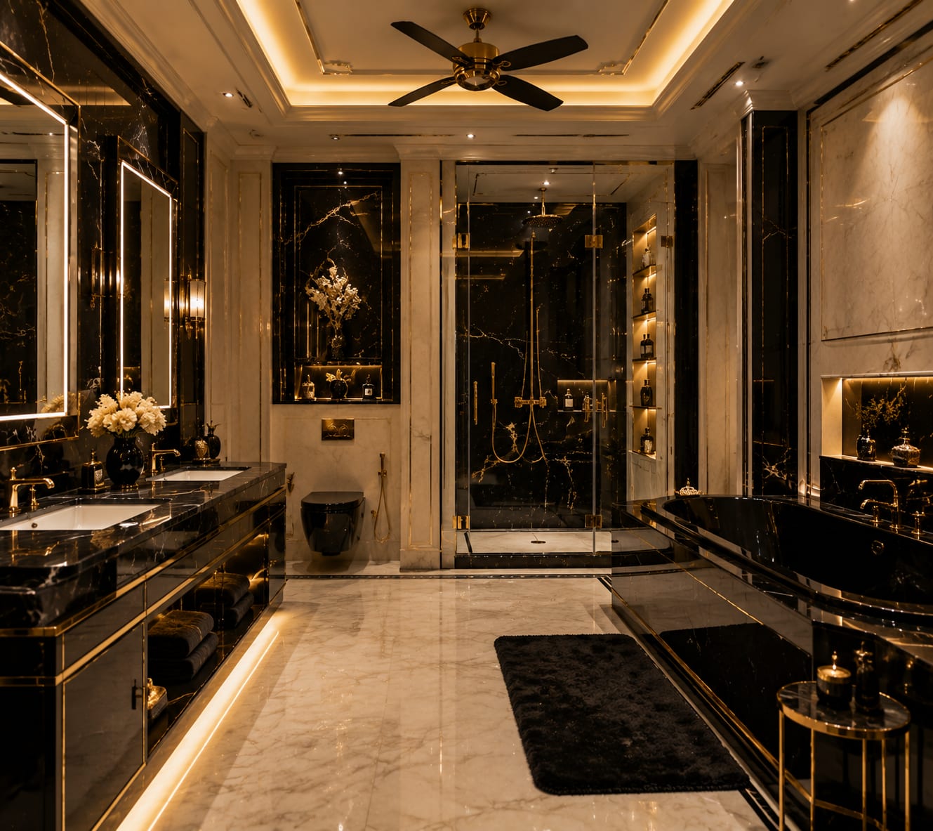 Black marble marks the wet and vanity zones while cream stone keeps the bathroom bright enough for daily use. Gold and black marble bathroom with double vanity, black bathtub, glass shower, cream marble floor and warm recessed lighting