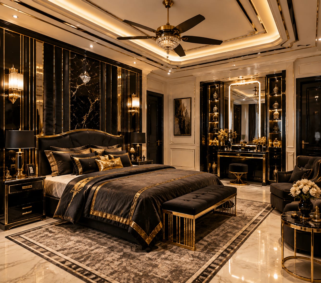A pale architectural shell keeps the black upholstered bed and gold-veined marble wall from overwhelming the bedroom. Luxury black and gold bedroom with a gold-veined black marble feature wall, black upholstered bed, warm cove lighting and cream marble floor
