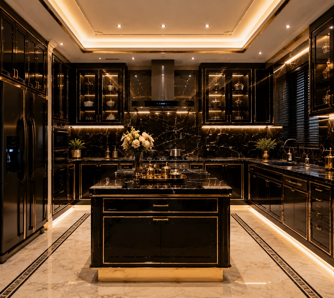 Integrated lighting makes the dark cabinetry legible, but the working surfaces must remain the priority. Black and gold marble kitchen with dark cabinetry, illuminated glass cabinets, marble island and warm under-cabinet lighting