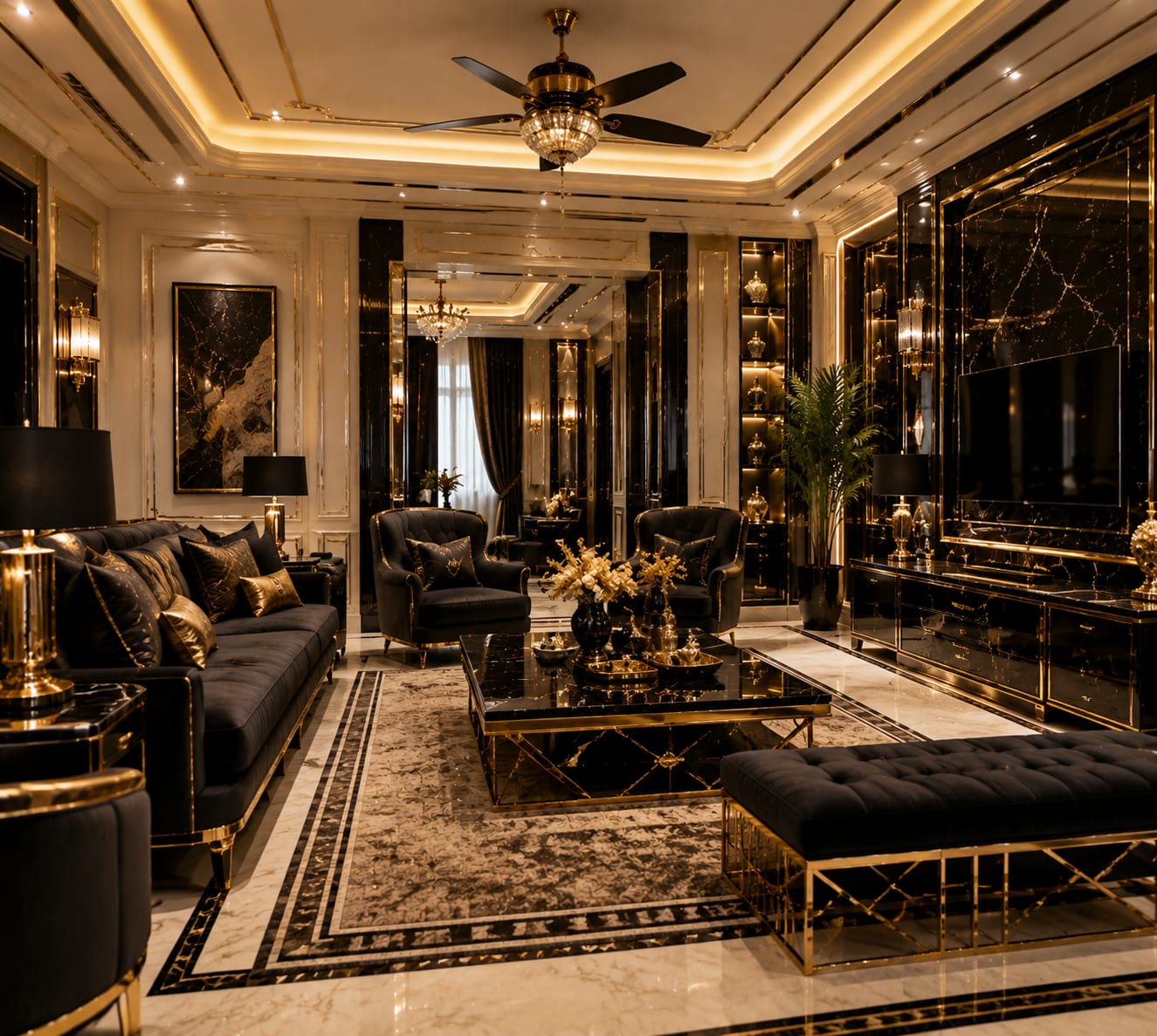 Symmetrical seating and a pale floor give structure to a living room filled with reflective black and gold surfaces. Black and gold luxury living room with marble TV wall, dark velvet seating, black marble coffee table and warm illuminated shelving