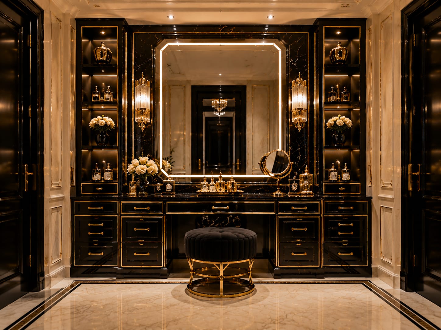 The vanity works because storage, lighting and knee space are planned as one fitted composition. Built-in black and gold marble vanity room with large illuminated mirror, drawer storage, display shelves and round upholstered stool