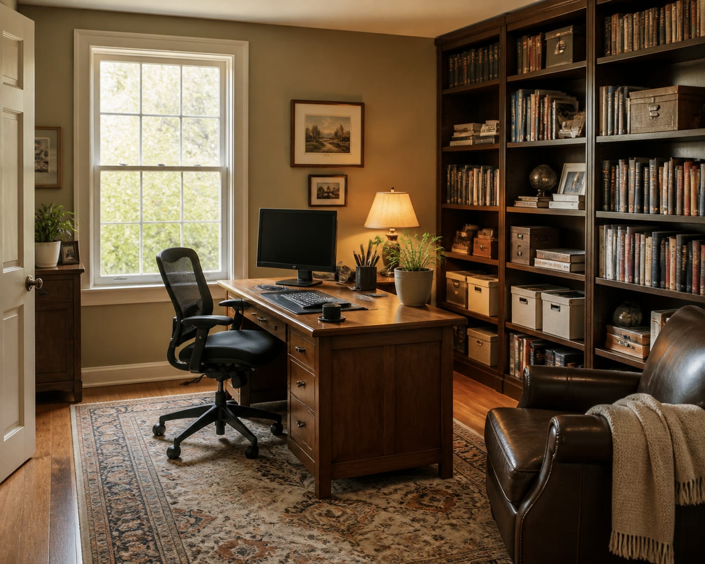 Place a traditional desk perpendicular to the window Warm classic home office with wood desk perpendicular to a window, bookcases, task chair and shaded lamp