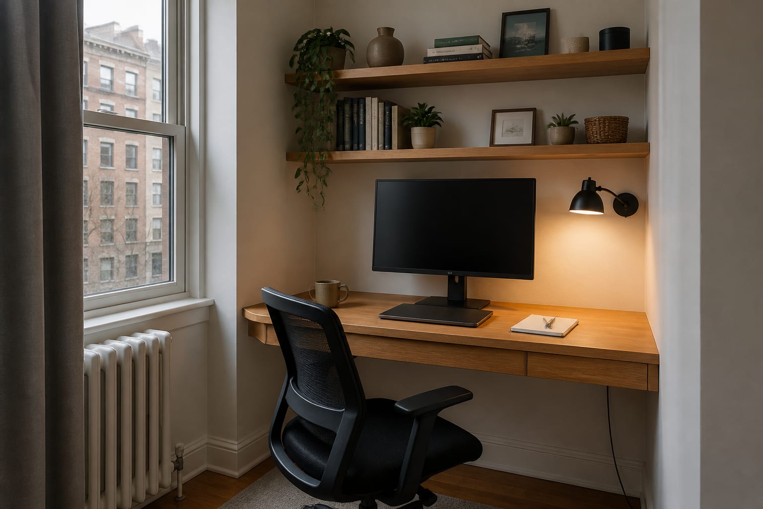Fit a complete workstation into a shallow alcove Compact apartment alcove home office with oak desk, monitor, ergonomic chair, shelves and side window