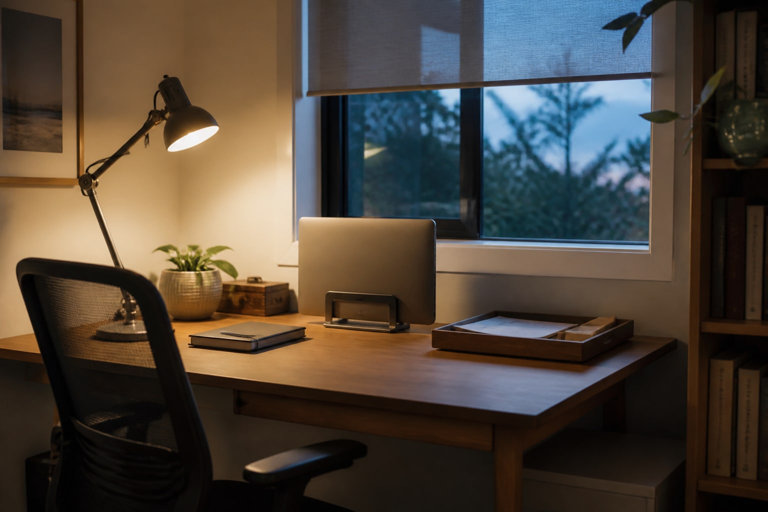 Use a visible shutdown routine to close the workday Early evening home office with closed laptop, shut notebook, paper inbox and chair pushed beneath desk