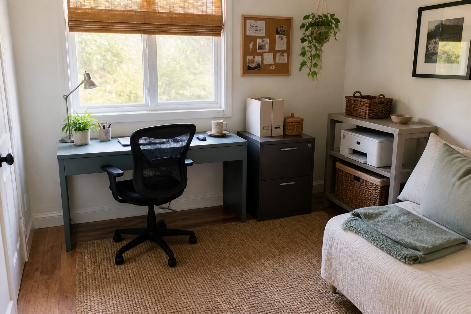 Give a guest room office one clear storage boundary Bright guest room home office with slim desk, task chair, filing cabinet, printer shelf and daybed