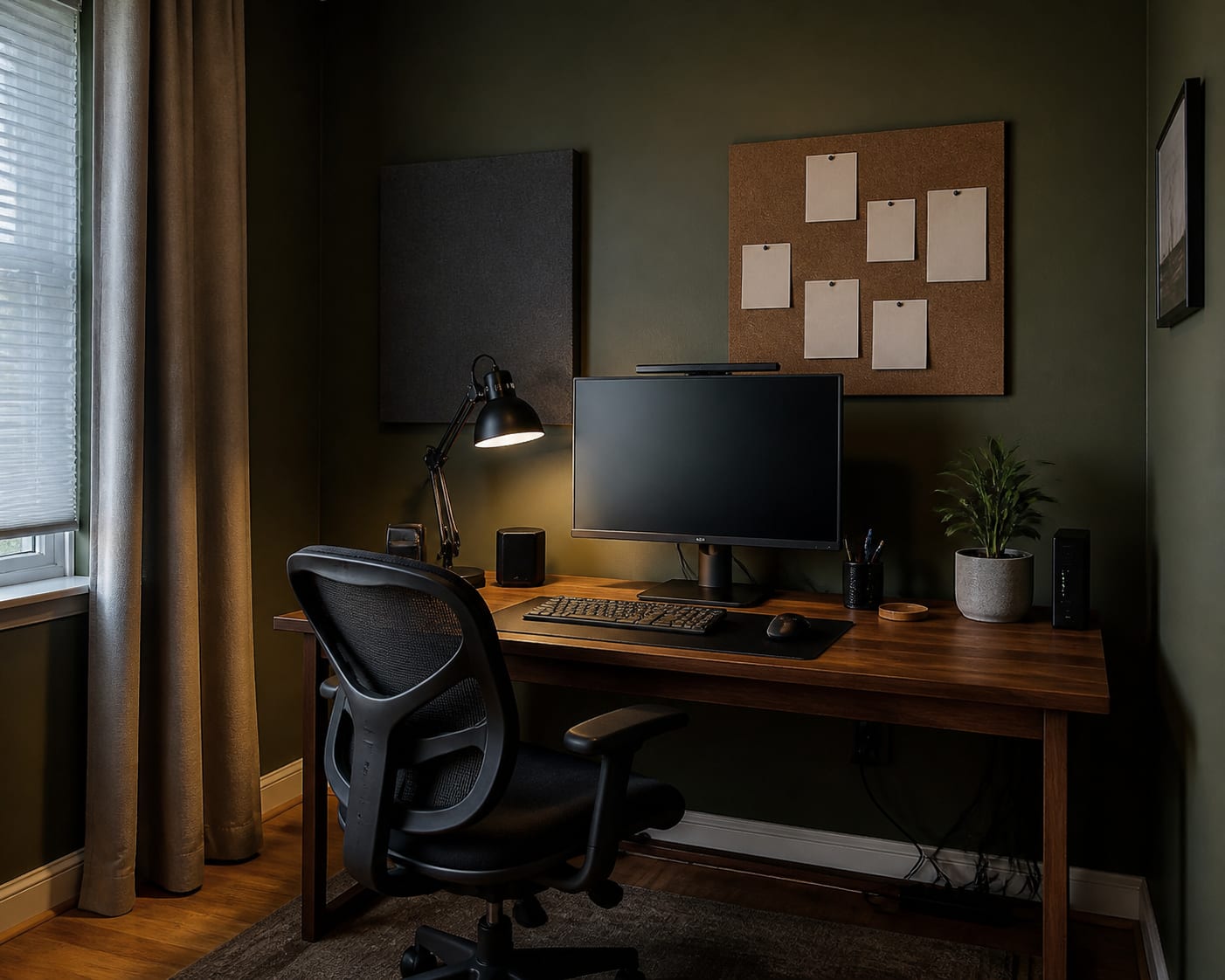 Use a darker wall to reduce visual noise, not available light Dark olive home office with walnut desk, single monitor, ergonomic chair, cork board and task lighting