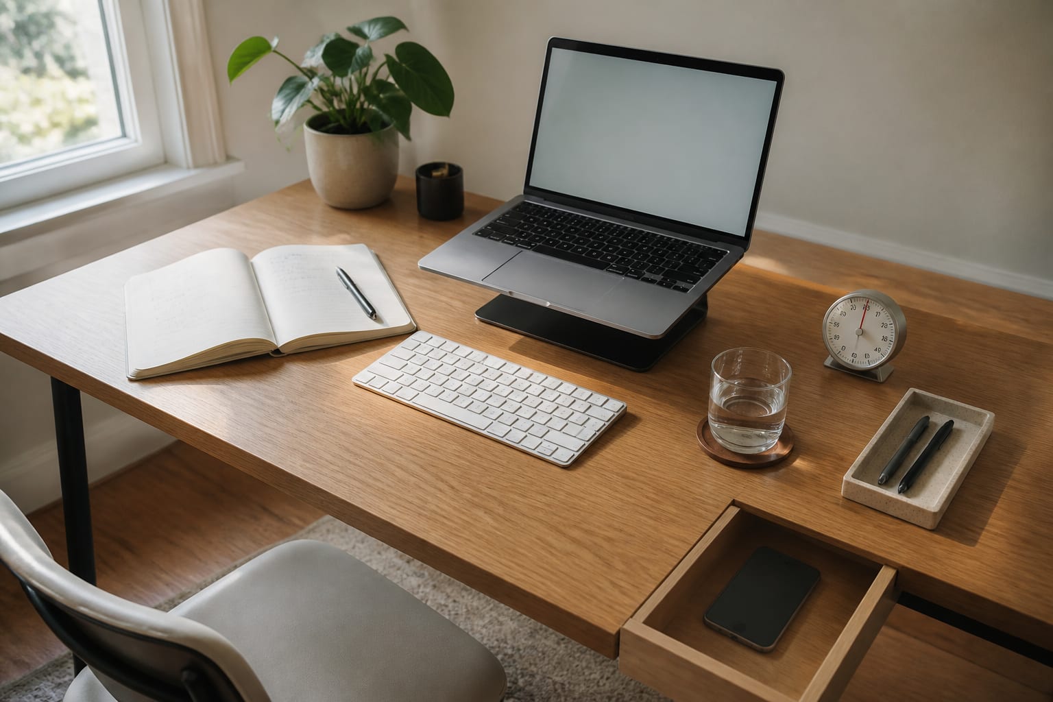 Prepare one focused task before messages take over Morning home office desk with laptop stand, keyboard, notebook, water, analog timer and phone stored in drawer
