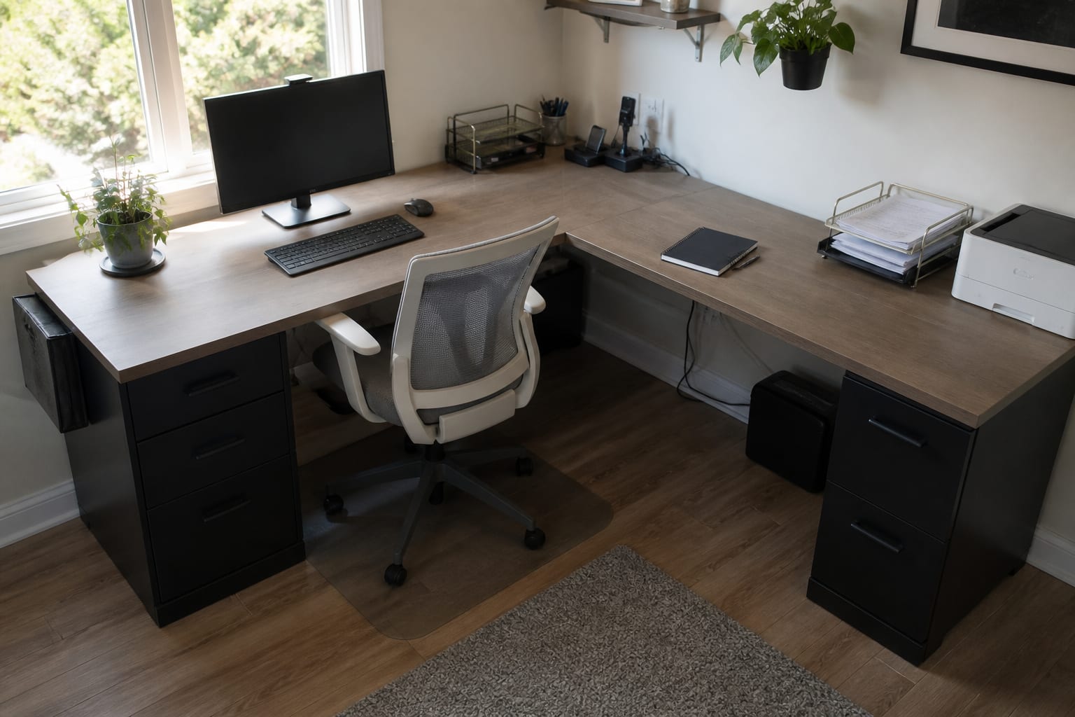 Separate focused computer work from small administrative tasks L shaped home office with separate computer focus zone and paper, printer and charging zone