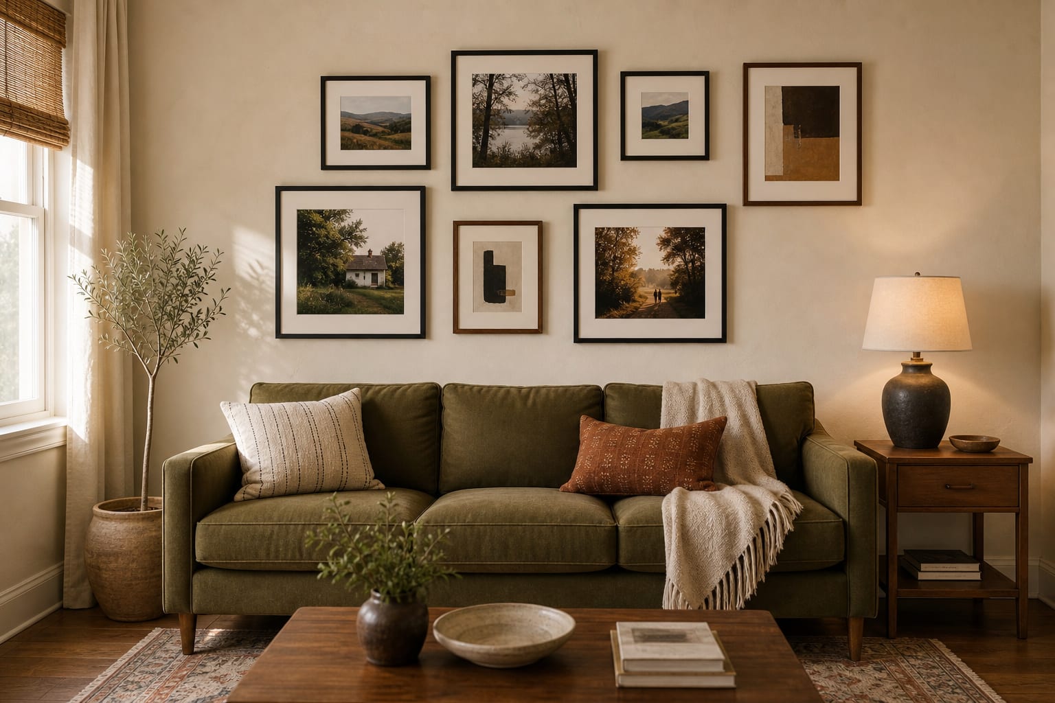 Make mixed frames cohesive through repeated mats and colour Olive green sofa beneath an asymmetrical collected gallery wall in black and walnut frames
