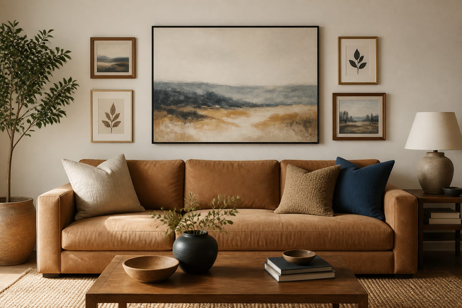 Anchor the room with one oversized artwork and four supports Camel sofa beneath one oversized abstract landscape and four smaller botanical and landscape frames