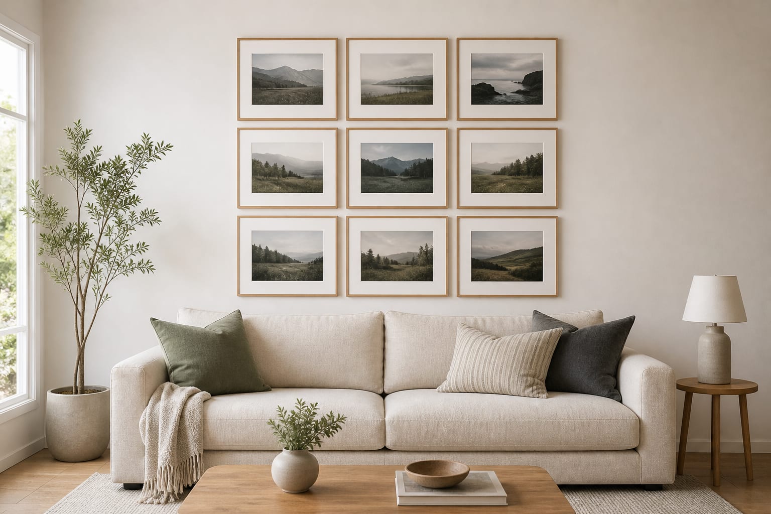 Use an equal-frame grid for a calm, architectural backdrop Cream living room sofa beneath a precise nine-frame oak grid of muted landscape photographs