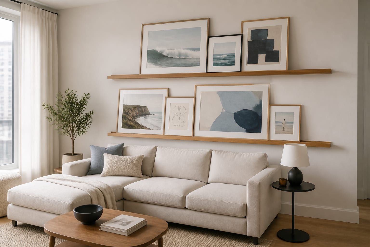 Choose picture ledges for an art collection that changes Small cream sectional below two long oak picture ledges layered with blue and neutral framed art