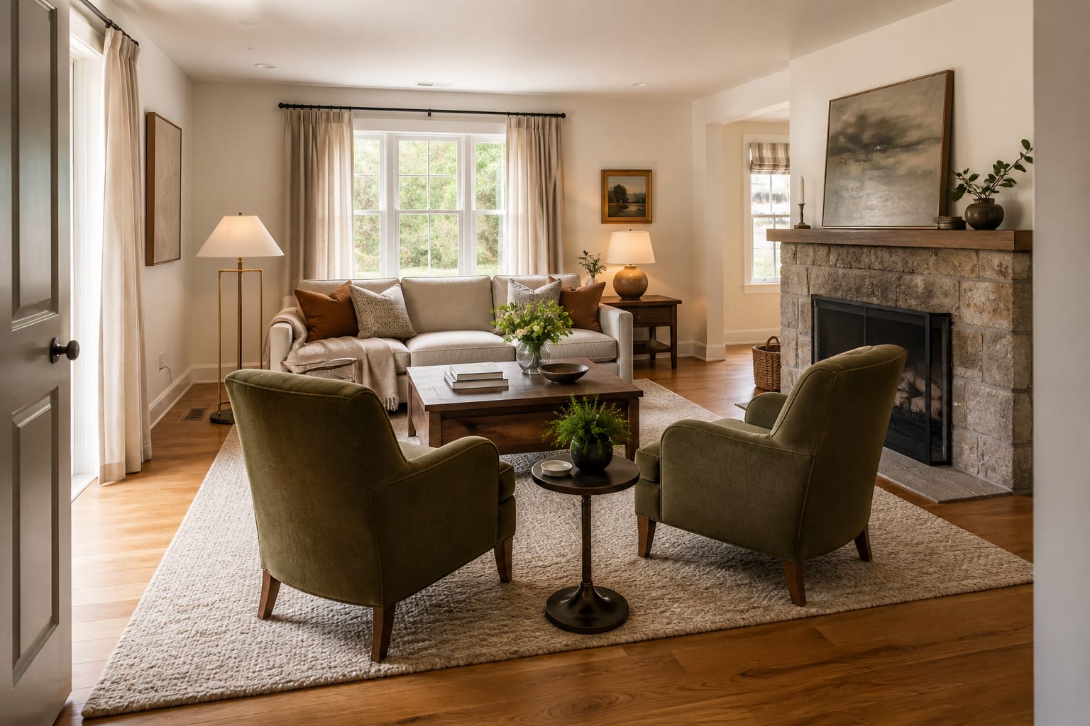 The furniture forms a perimeter, not a conversation Living room with sofa and chairs pulled from the walls into a balanced conversation group