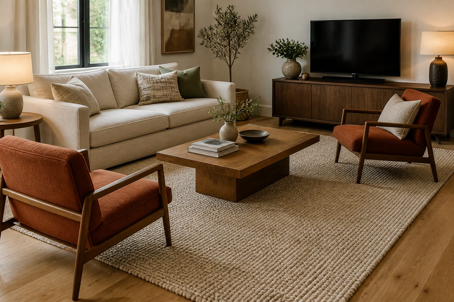 The rug is too small to connect the seating Living room with a correctly scaled rug extending beneath the front legs of sofa and armchairs