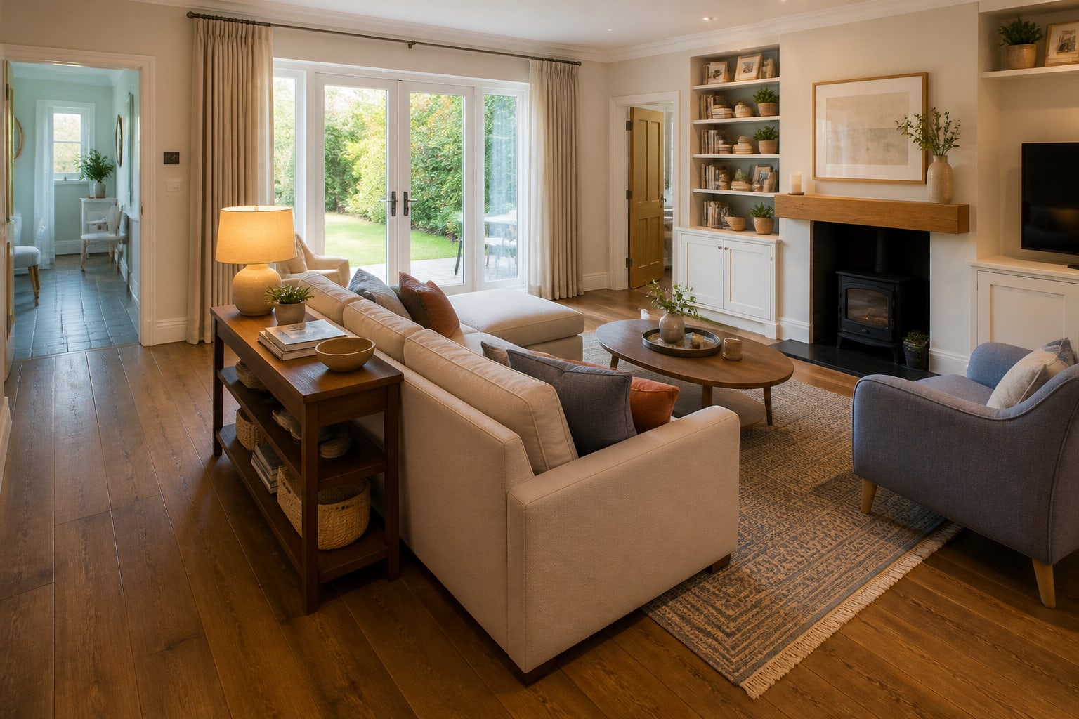 The main walkway cuts through the seating group Open living room with a clear circulation route from the doorway to garden doors behind the sofa