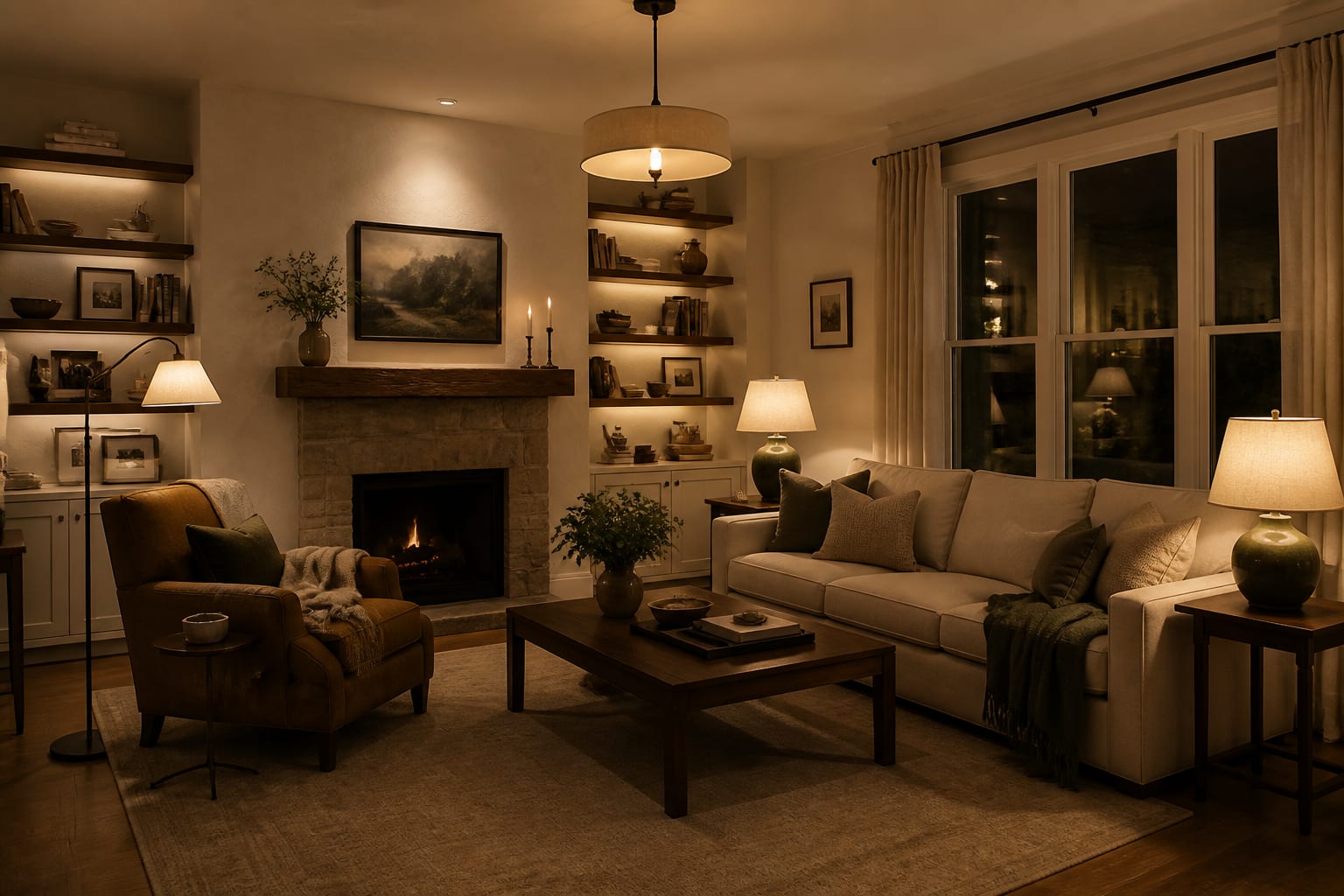 One overhead light makes the layout disappear after dark Evening living room with warm ceiling, floor, table and accent lighting at several heights