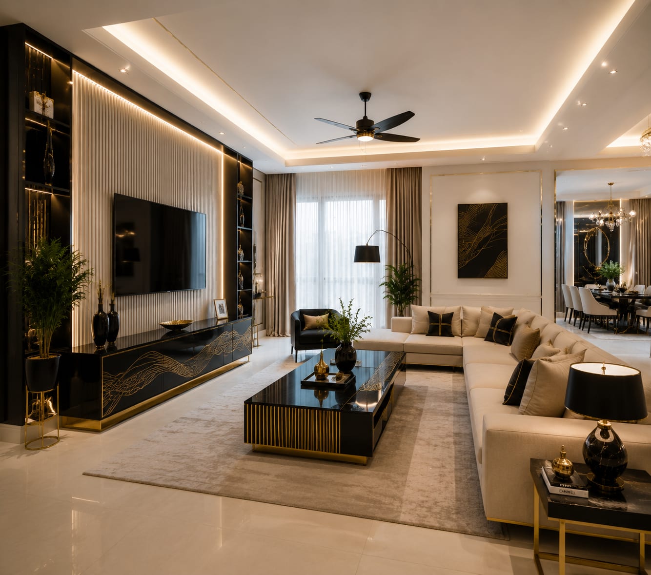 Let a fluted TV wall stretch the room visually Modern cream living room with a wide black fluted TV wall, gold trim, sectional sofa and illuminated shelves