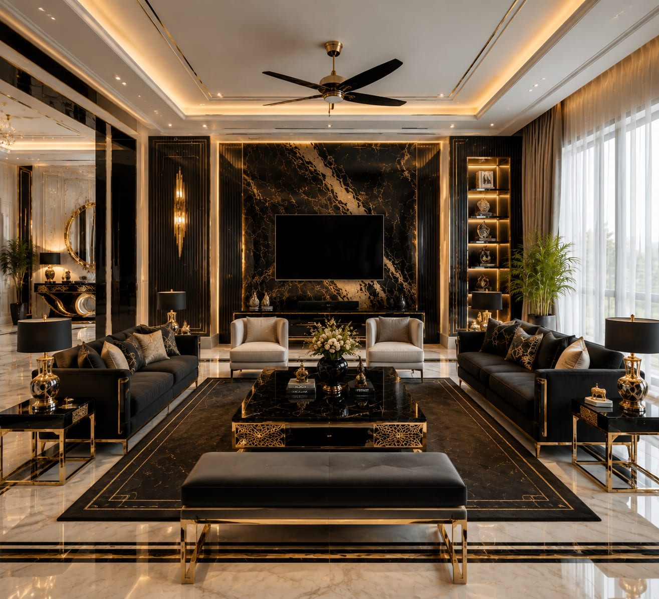 Build symmetry around a black marble focal panel Symmetrical luxury living room with black marble TV wall, illuminated display shelves and black sofas