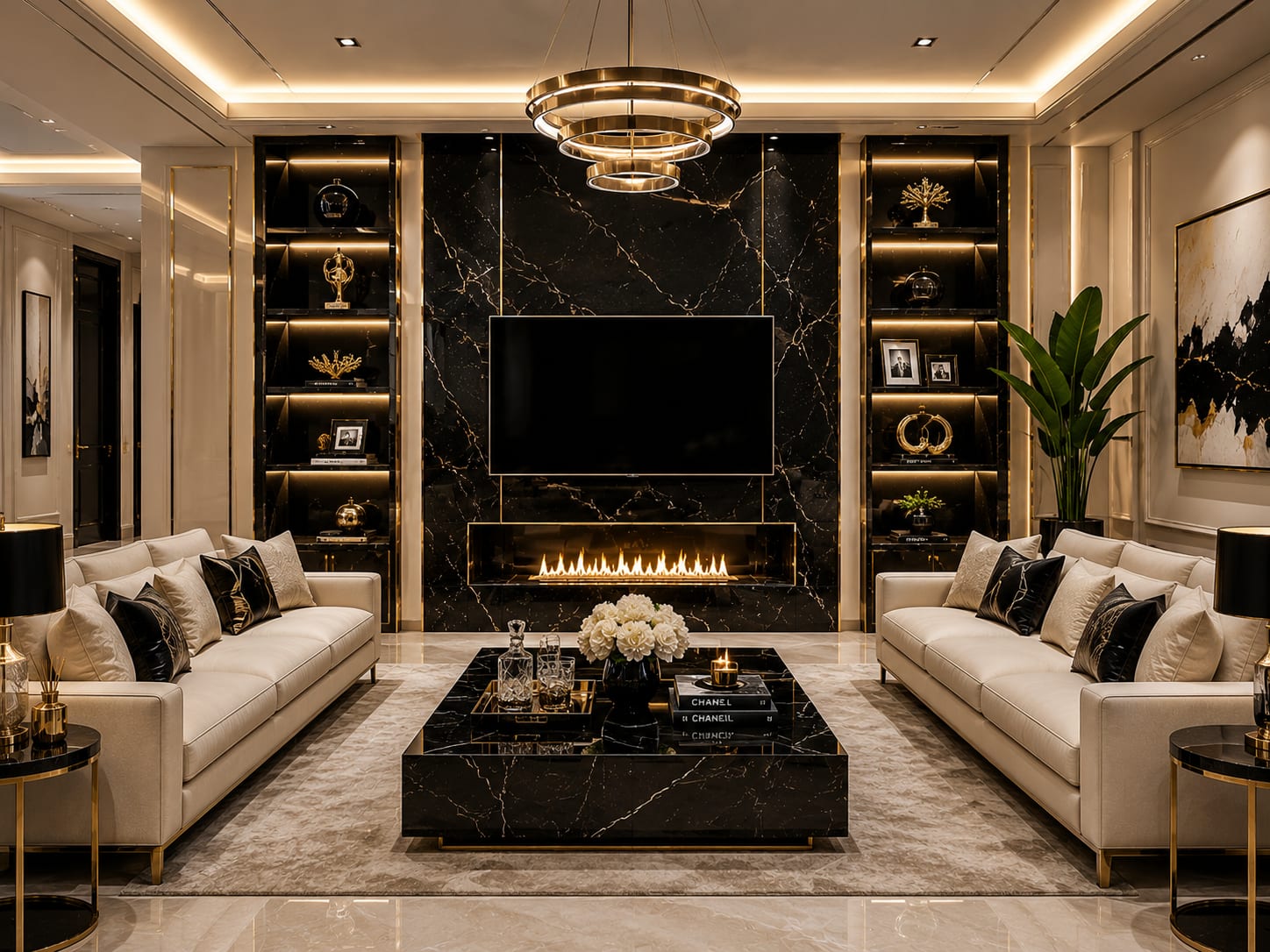 Combine a fireplace and TV without stacking them too high Cream luxury living room with a black marble fireplace and TV wall, symmetrical shelves and ring chandelier