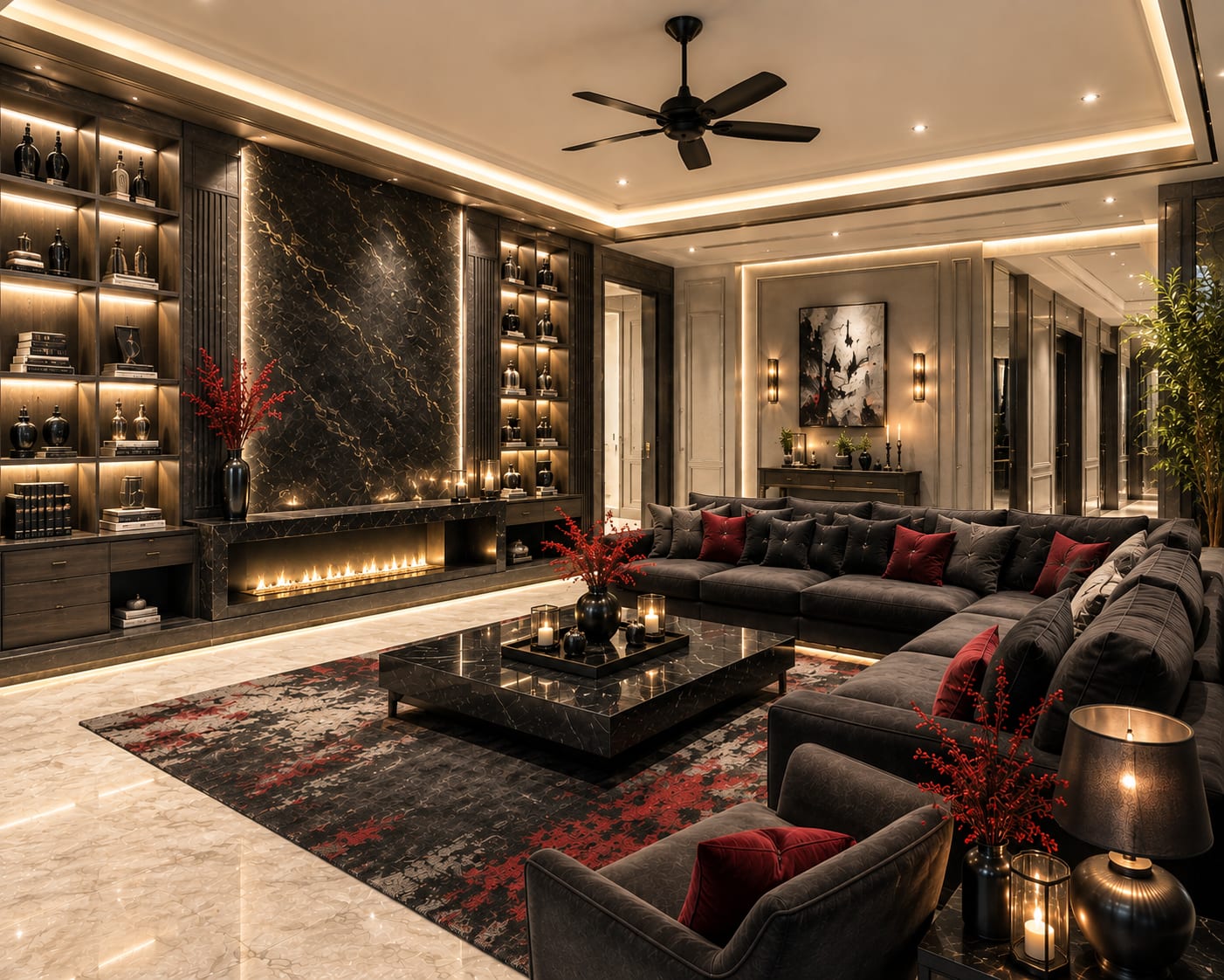 Use one controlled accent colour in a dark room Dark luxury living room with black sectional, black marble fireplace, illuminated library shelves and red cushions