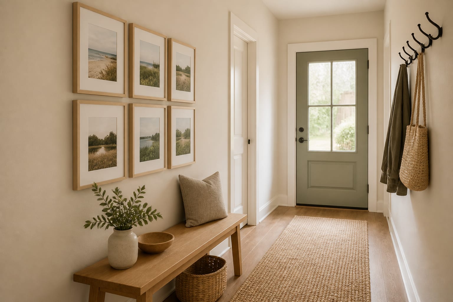 Anchor a small grid above a bench near the entrance Small entry hallway with six pale oak frames arranged in a grid above a narrow wooden bench