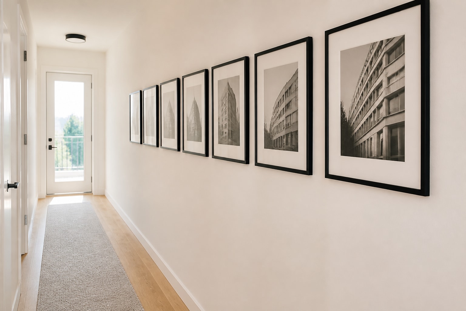 Draw the eye forward with one orderly line of frames Bright narrow hallway with seven slim black frames aligned in one row toward a glazed end door
