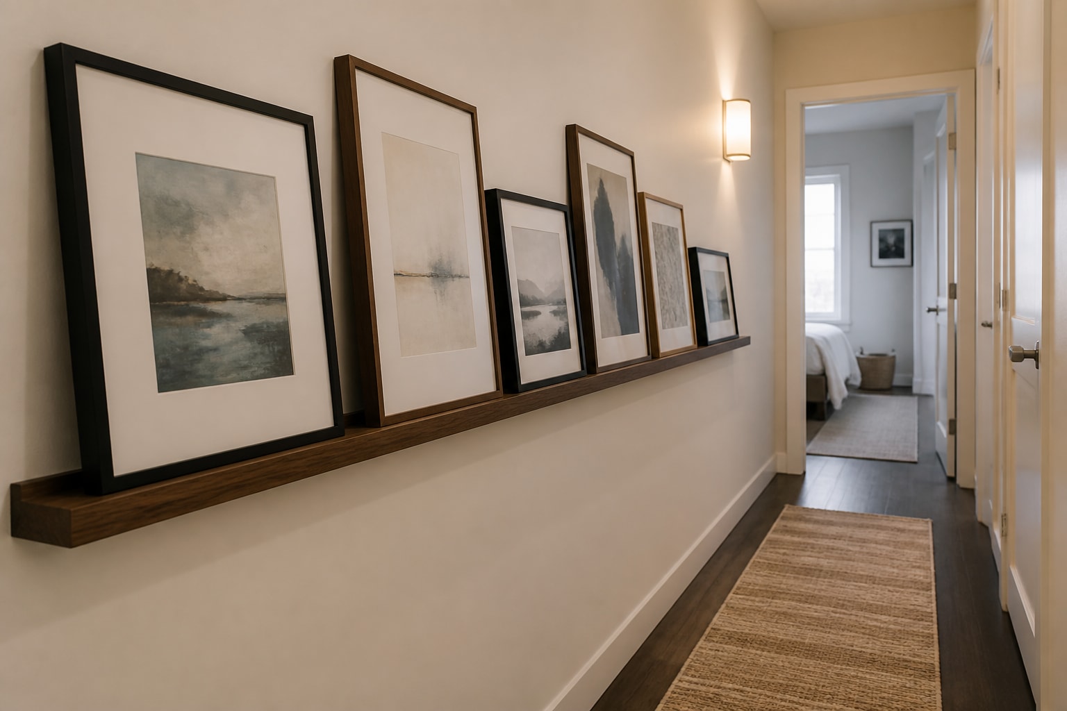 Use one shallow ledge only where the corridor can carry it Narrow apartment hallway with a shallow walnut picture ledge holding layered black and wood frames