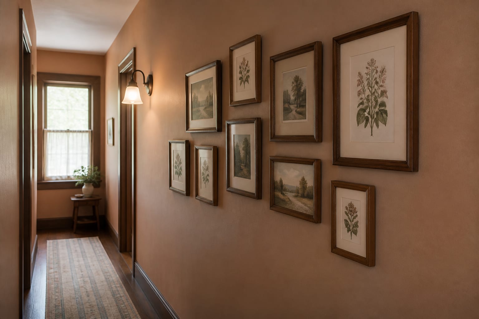 Bring warmth to an older hallway with a restrained vintage mix Clay-toned narrow hallway with a staggered gallery wall of walnut framed botanicals and landscapes