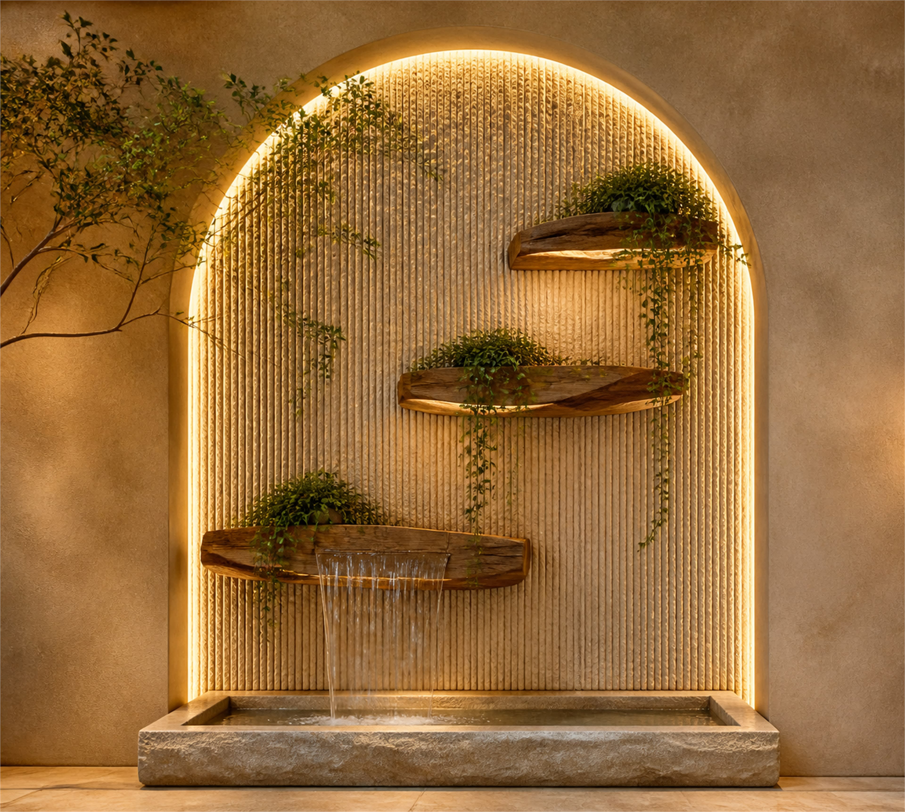 Carve one illuminated arch into a quiet plaster wall Large illuminated plaster arch with ribbed stone, rustic oak planter shelves and a central waterfall basin