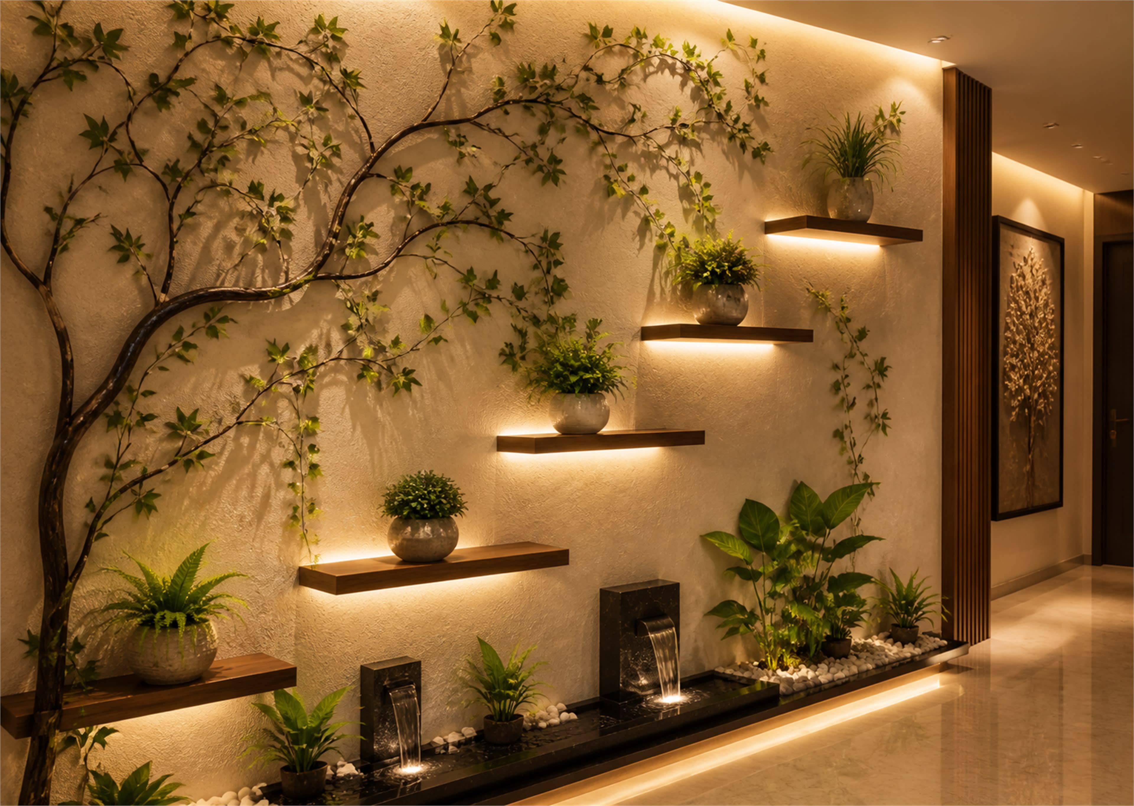 Build a botanical wall around one sculptural branch Textured cream botanical accent wall with sculptural branches, illuminated walnut shelves, plants and a narrow water feature