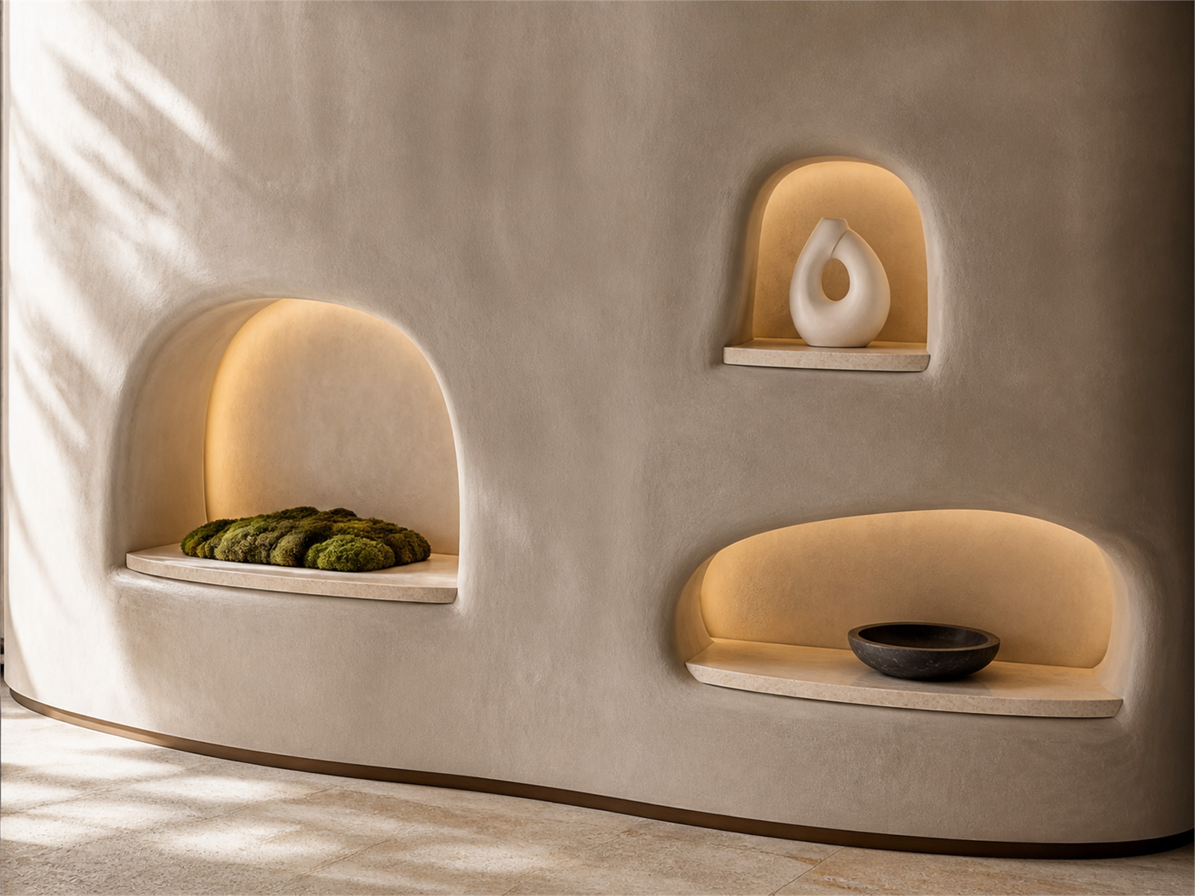 Sculpt shallow niches into a continuous curved plaster surface Curved warm plaster accent wall with three asymmetrical illuminated niches, stone shelves and restrained objects