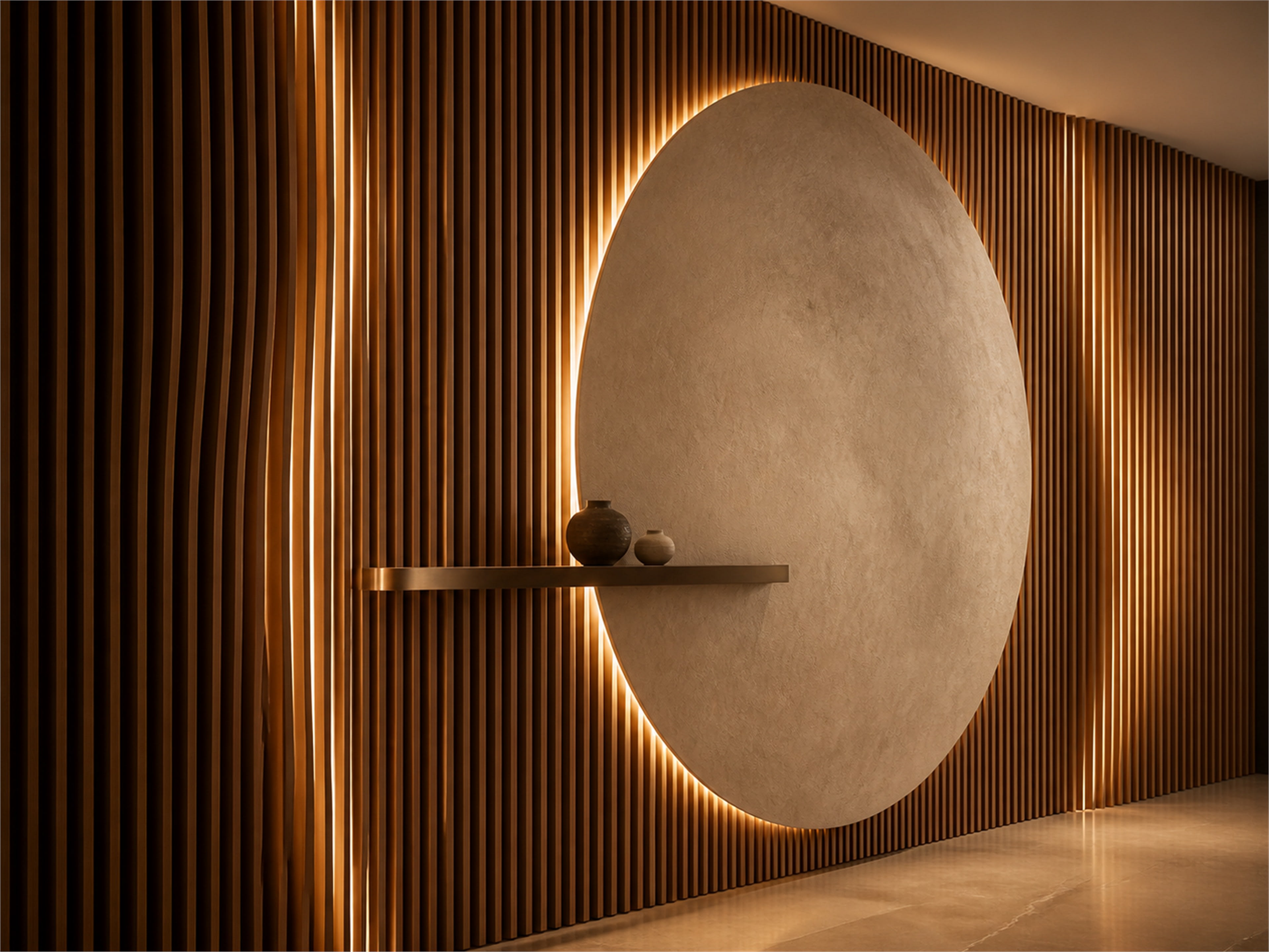 Break a fluted walnut wall with one softly plastered oval Floor to ceiling fluted walnut accent wall with a large backlit oval plaster panel and a slim bronze shelf