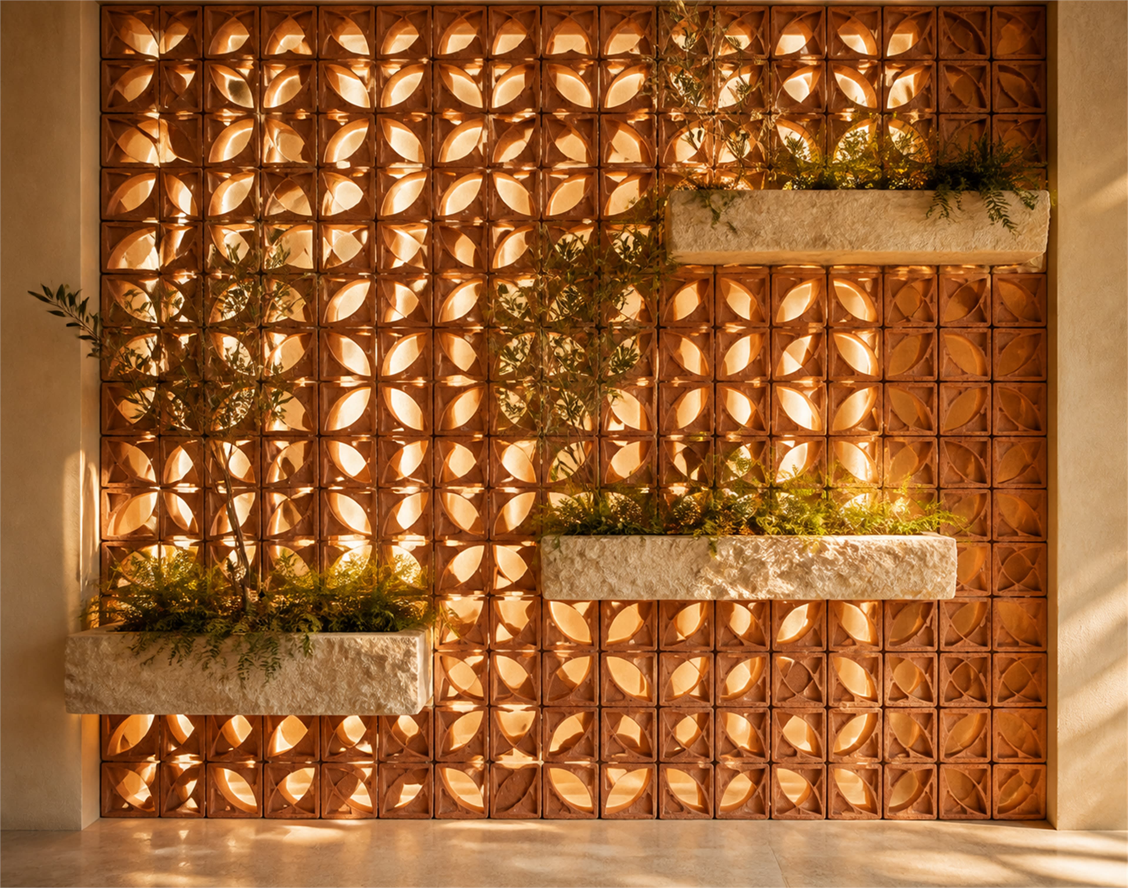Filter warm light through a handmade terracotta screen Backlit terracotta breeze block accent wall with integrated limestone planters and climbing greenery