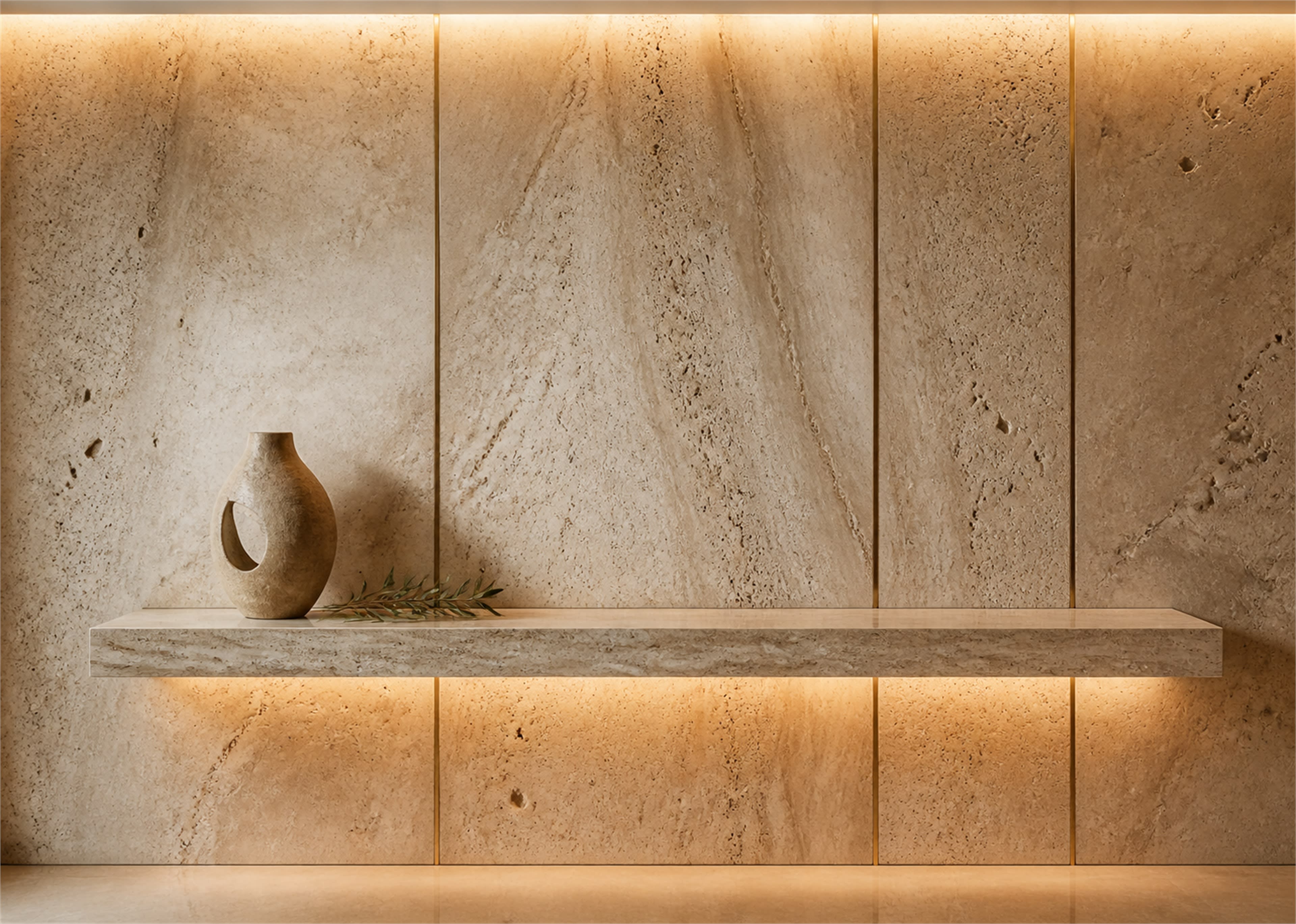 Let bookmatched travertine and fine brass lines do the work Bookmatched cream travertine accent wall with slim brass inlays, warm grazing light and a floating stone shelf