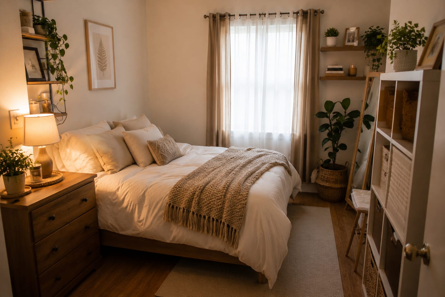 The after. Warm neutrals, real daylight, plants, and a place for everything. Same four walls. Bright cosy small bedroom after the makeover, cream bedding, wood dresser, plants and warm lighting