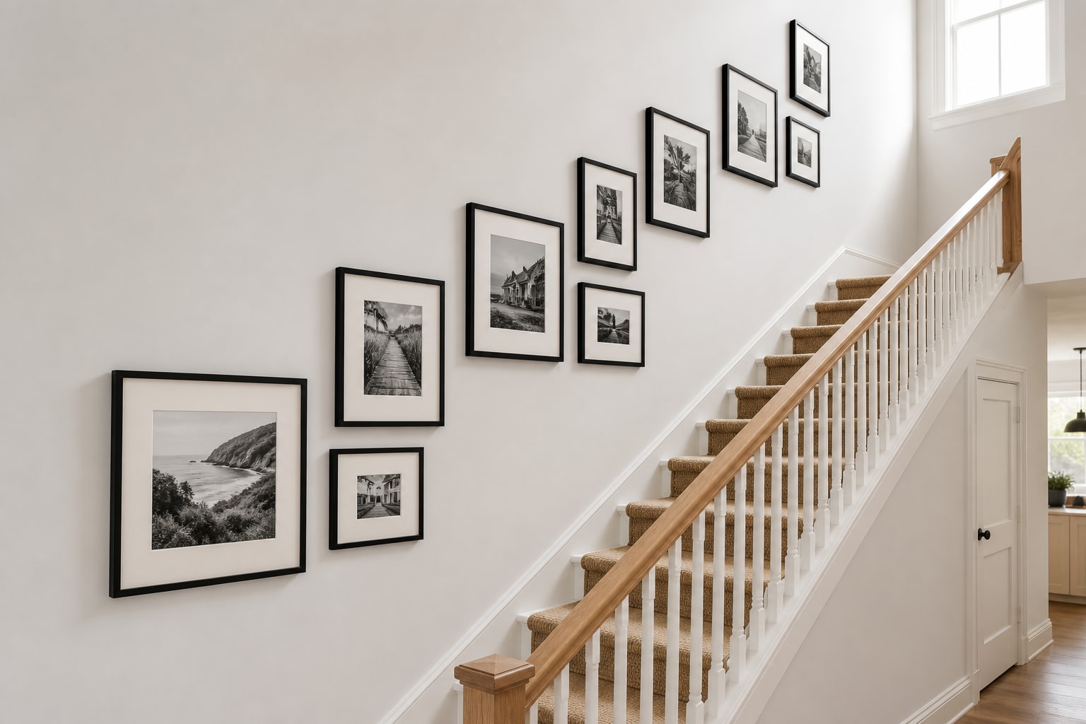 Use black frames and wide mats for a clear diagonal rhythm Bright staircase with mixed black frames rising diagonally above an oak handrail and neutral runner