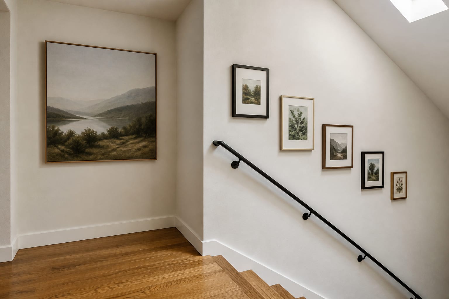 Treat the landing as a pause in the diagonal Split-level stair landing with one large landscape and five smaller frames descending beside a black handrail