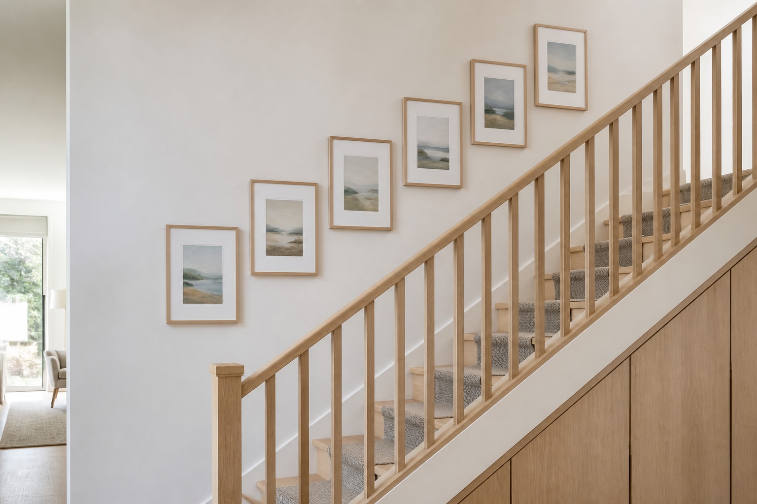 Create a modern sequence with six equal oak frames Modern pale oak staircase with six equal oak frames aligned diagonally above the handrail