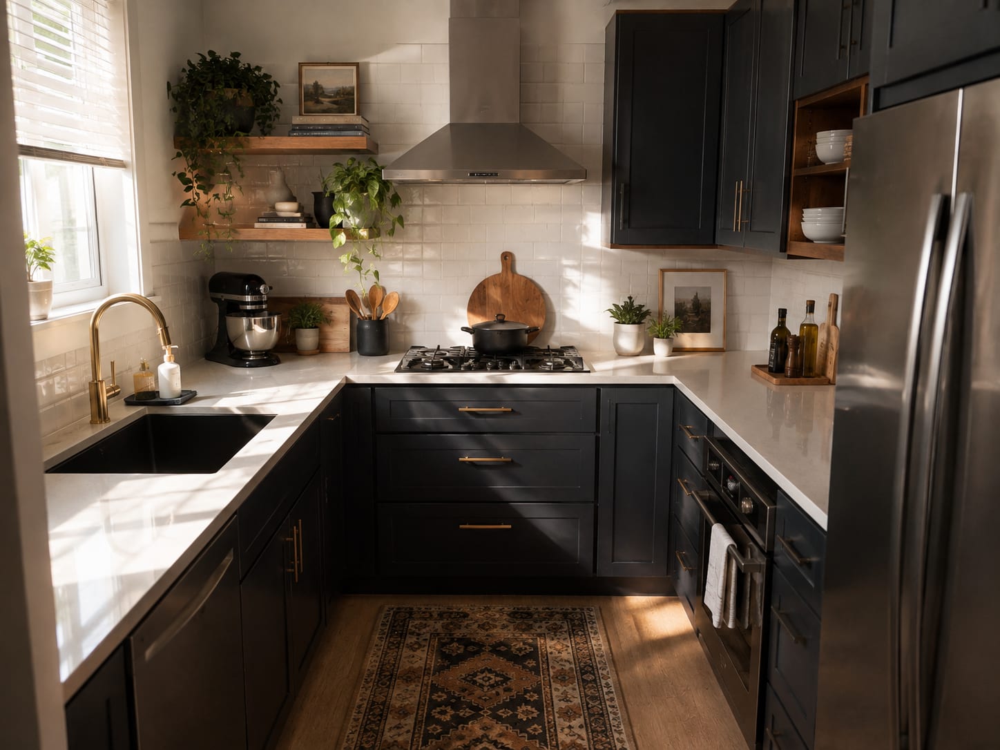 Let black Shaker cabinets frame the daylight Small black Shaker U-shaped kitchen with white tile, brass hardware, timber shelves and trailing plants