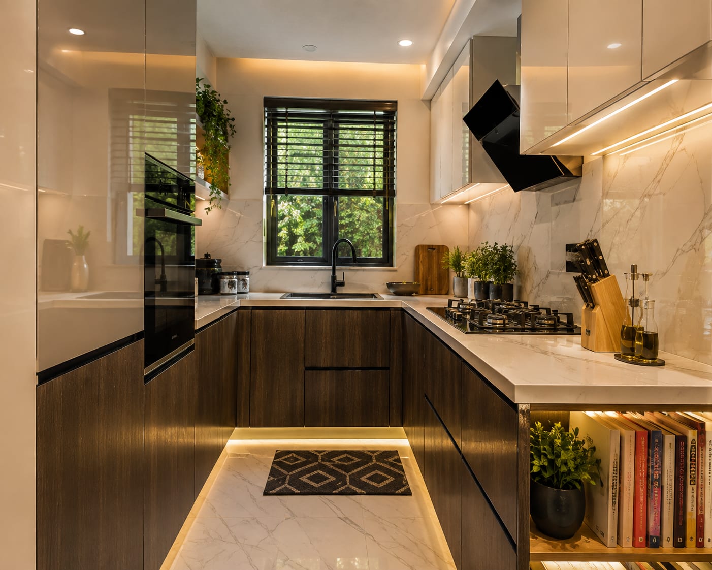 Pair dark wood bases with reflective upper cabinets Narrow U-shaped kitchen with dark wood base cabinets, white gloss upper cabinets, marble backsplash and open cookbook shelf