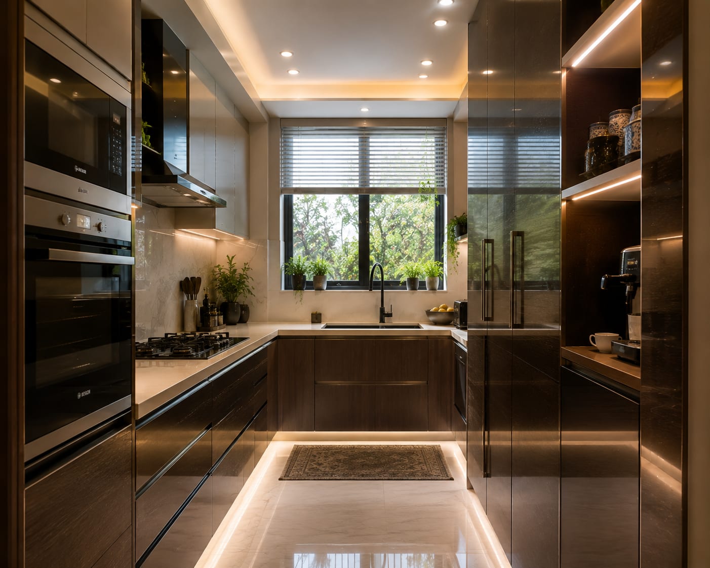 Balance glossy dark storage with a bright working centre Compact modern U-shaped kitchen with glossy dark wood cabinets, pale marble floor, garden window and illuminated coffee station