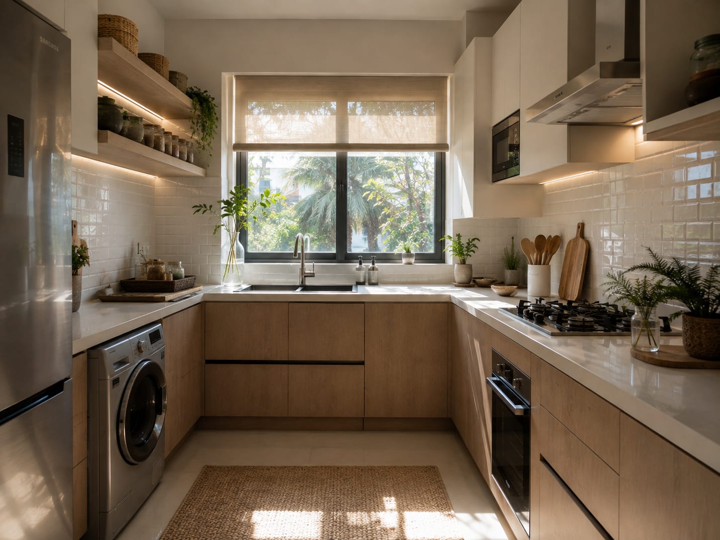 Use a wide window as the visual fourth wall Small light oak U-shaped kitchen with a large garden window, white worktops, open shelf and integrated laundry appliance