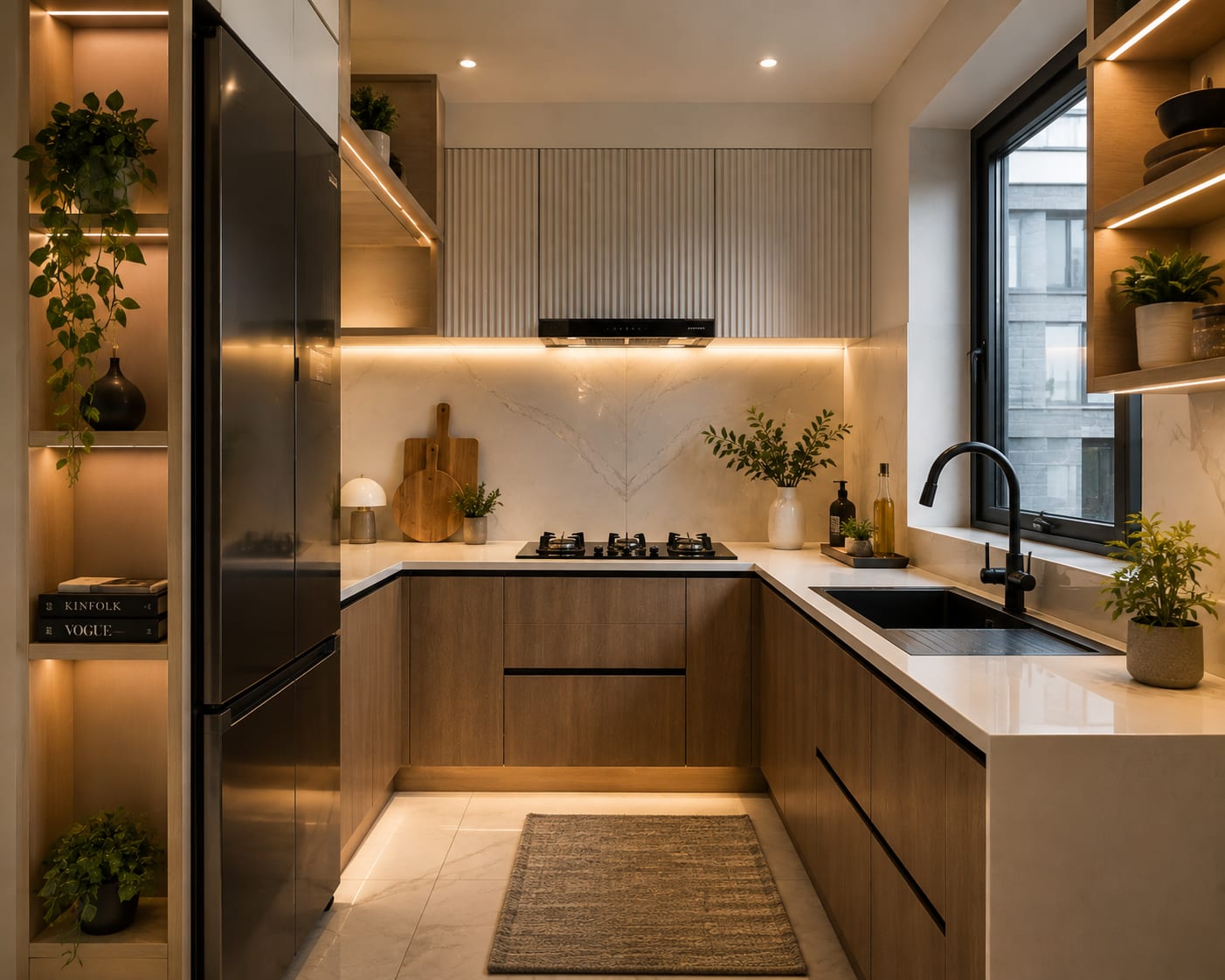 Use a restrained two-tone scheme to organise the elevations Modern two-tone U-shaped kitchen with warm wood base cabinets, dark tall storage, marble backsplash and window sink