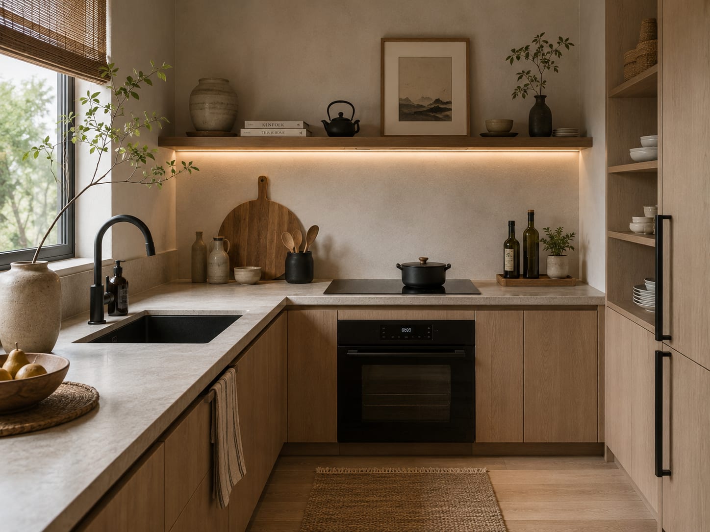 Choose warm oak and one long shelf for a softer kitchen Warm minimal U-shaped kitchen with flat oak cabinets, cream stone worktops, black sink and one long display shelf