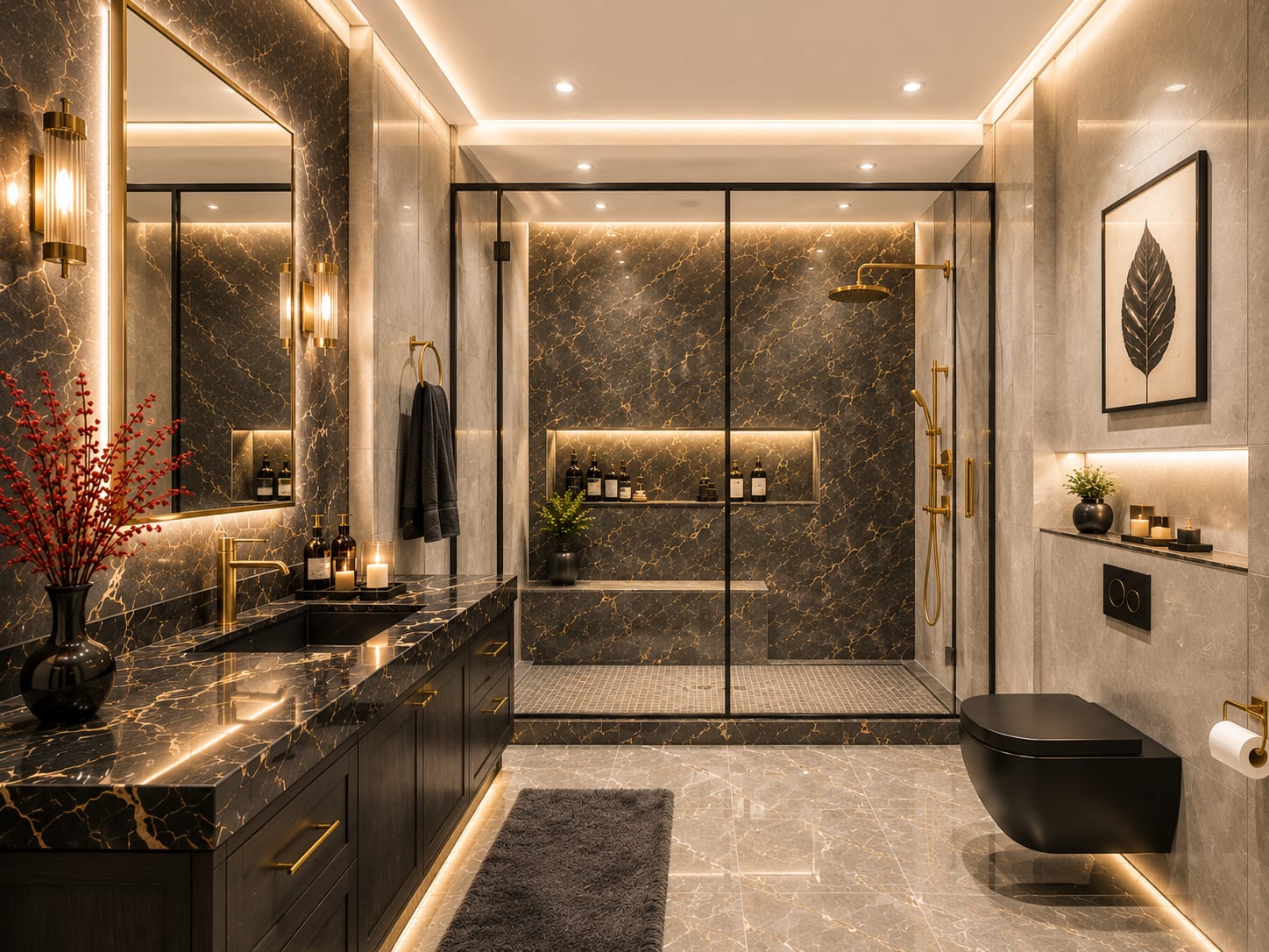 Mirror light, shower light and low-level ambience perform different jobs and should not share one all-or-nothing scene. Dark marble bathroom with warm mirror sconces, concealed ceiling light, illuminated shower niche and vanity underlighting