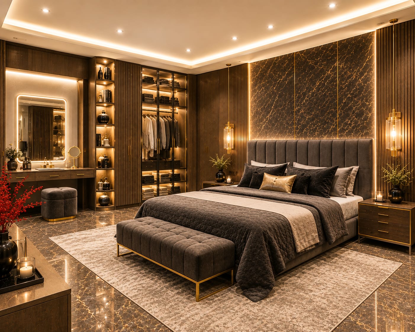 Wardrobe, vanity, bedside and ceiling light form separate zones instead of one permanently bright scene. Dark wood bedroom with warm backlit headboard, illuminated wardrobe, vanity mirror, pendant bedside lights and ceiling cove