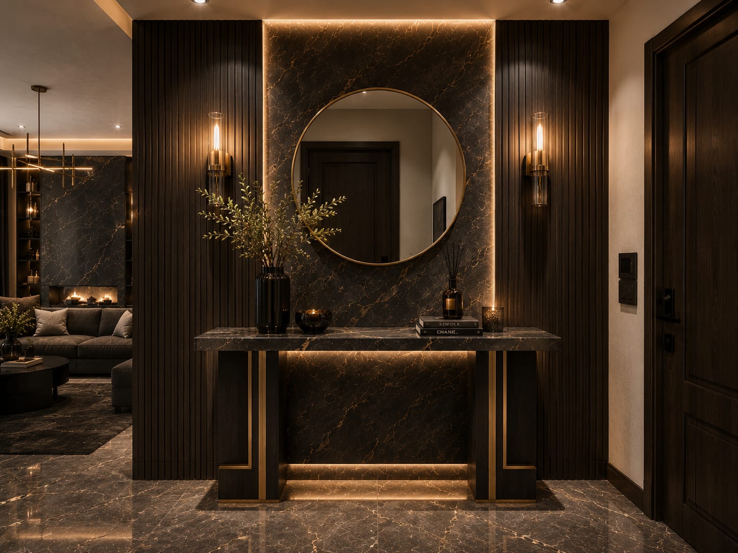 One illuminated vertical panel gives the entry a destination; the surrounding timber can remain quieter. Dark modern entryway with backlit marble panel, round mirror, slim wall sconces and console table lighting