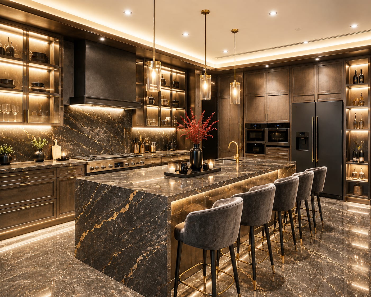 The useful light falls onto the worktops and island; display lighting supplies depth but cannot replace task illumination. Dark wood and black marble kitchen with island pendants, illuminated glass cabinets and concealed worktop lighting