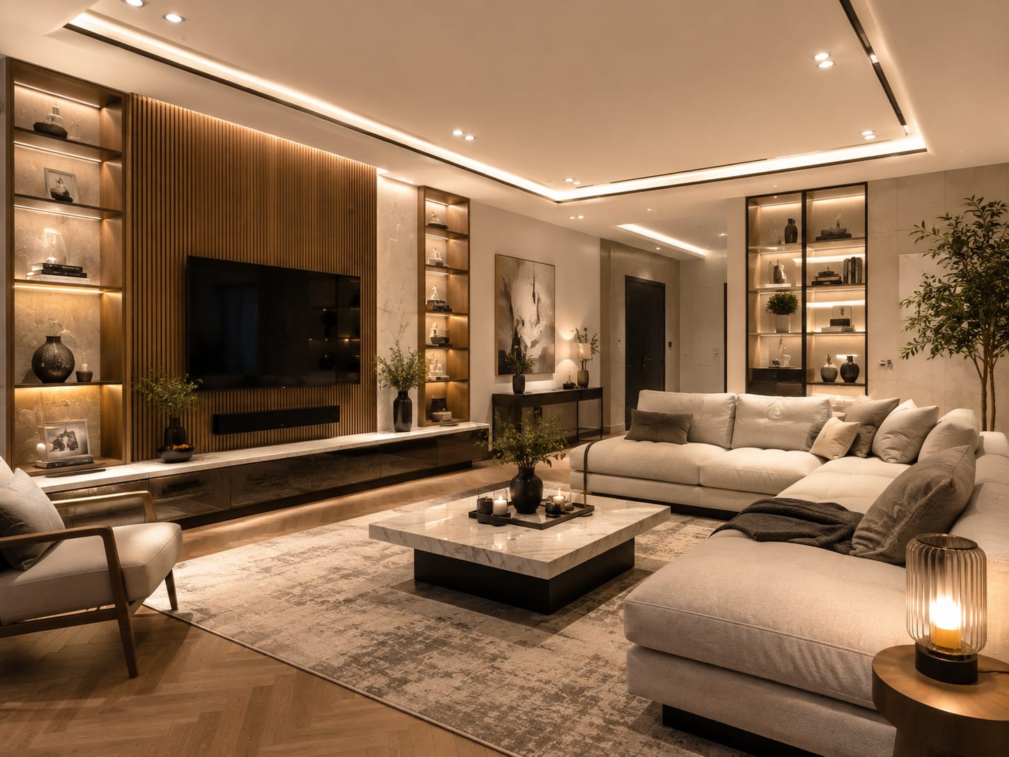 Warm up a modern TV wall with timber and softer contrast Warm modern living room with wood slat TV wall, cream sectional, marble coffee table and illuminated display shelves