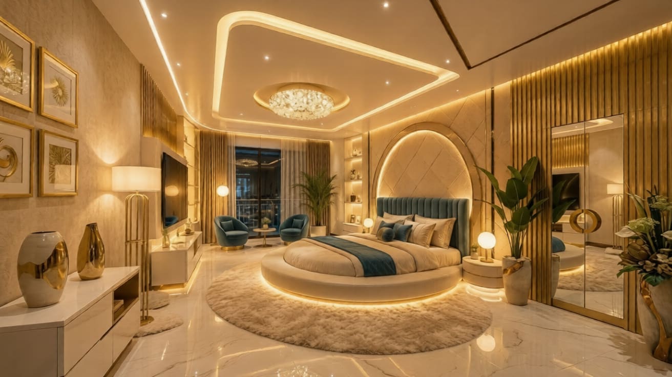 Hidden warm tape behind the headboard and under the bed gives that 'levitating', sourceless glow, you see the light, never the diodes. Warm LED strips hidden behind a headboard and under a floating bed